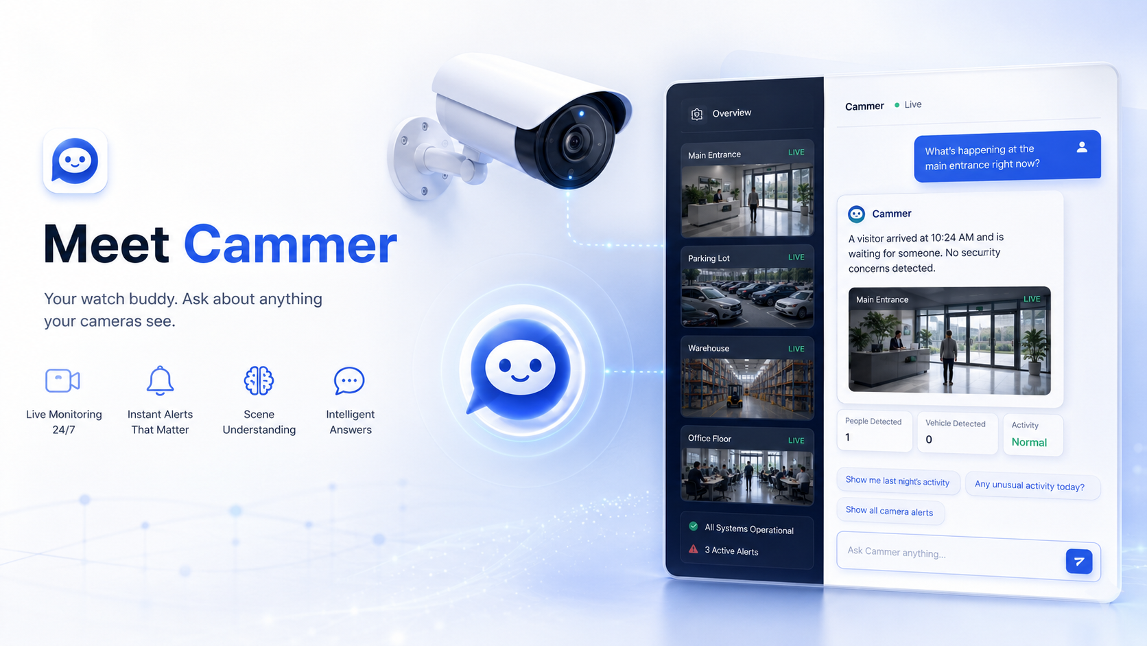 Cammer intelligent camera monitoring assistant - dashboard with live feeds and AI chat interface
