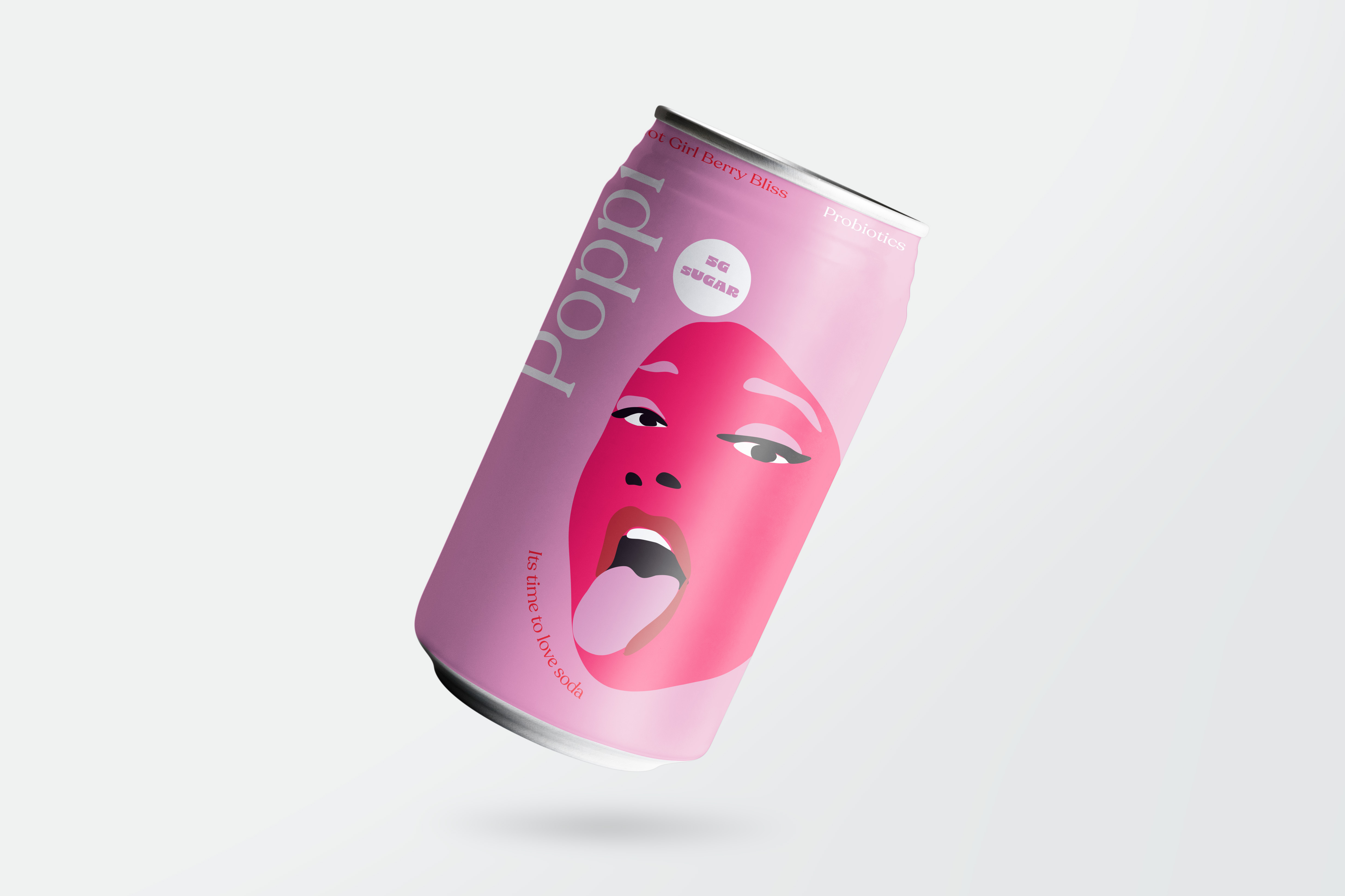 Poppi soda can mockup — Hot Girl Berry Bliss flavour with bold pink illustrated face design