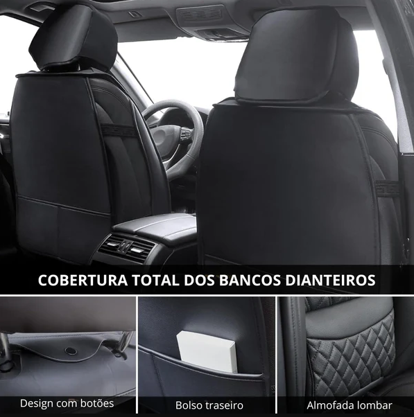 Cobertura Total dos Bancos Dianteiros - Design com botoes, Bolso traseiro, Almofada lombar