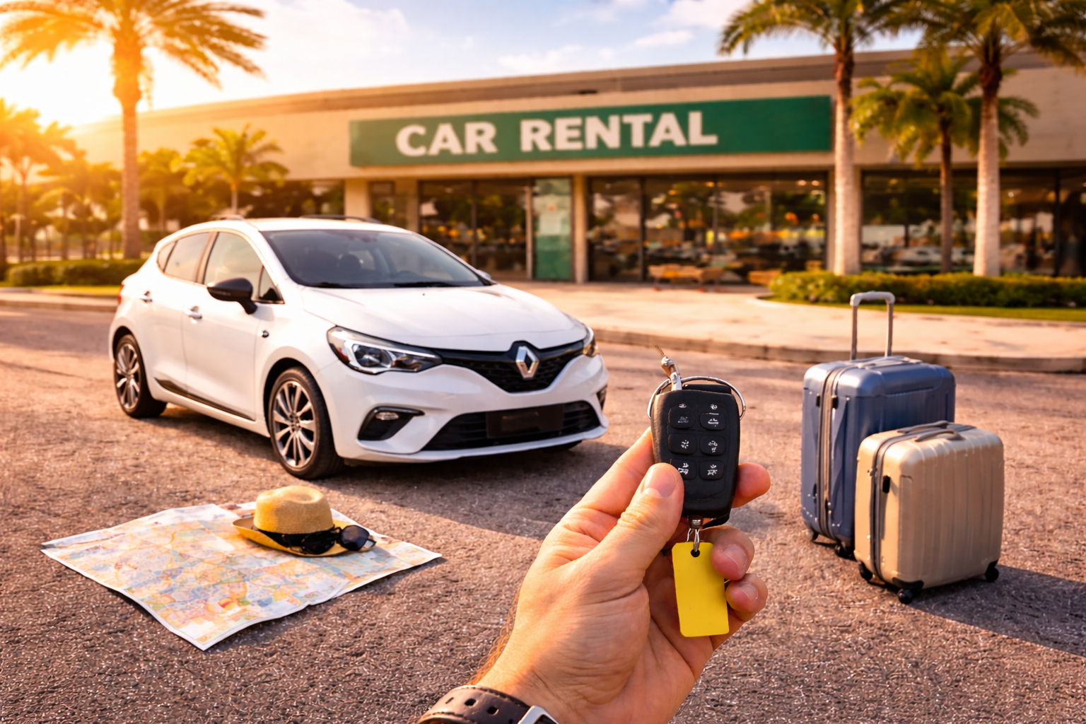 Car rental with keys and luggage