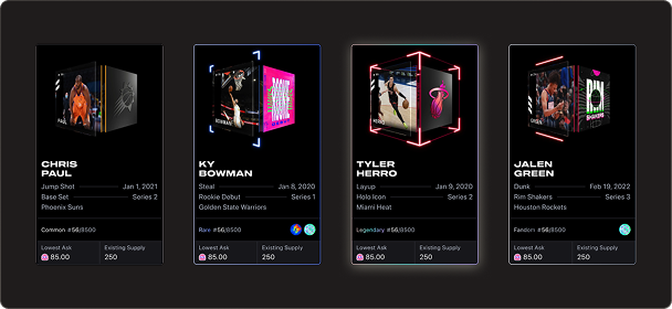 NBA Top Shot moment cards - Chris Paul, Ky Bowman, Tyler Herro, Jalen Green