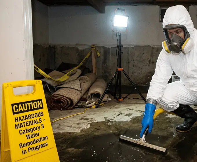 OSHA-trained technician in full PPE cleaning Category 3 black water in Garland