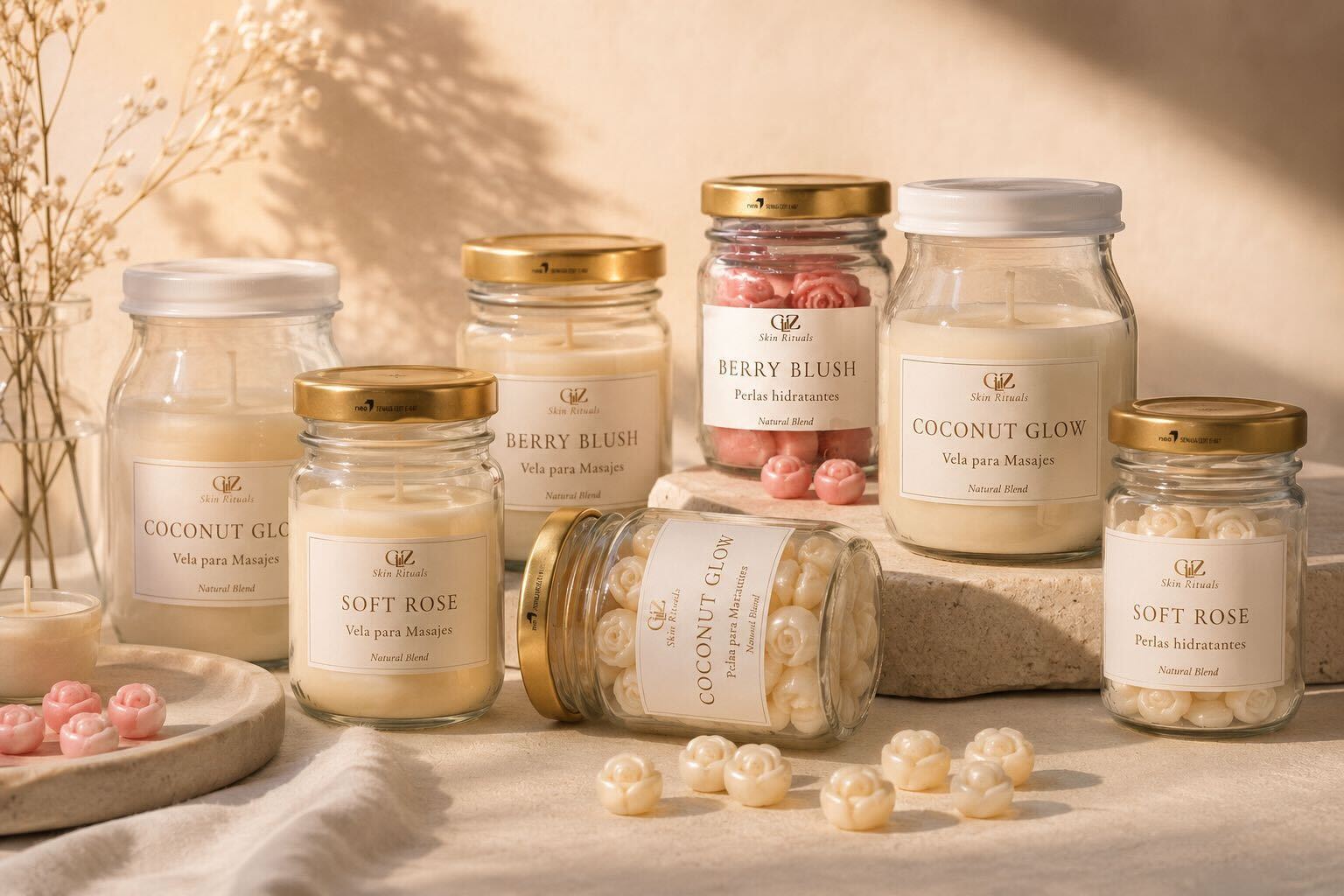 Productos Gliz Skin Rituals - Velas para masajes y perlas hidratantes