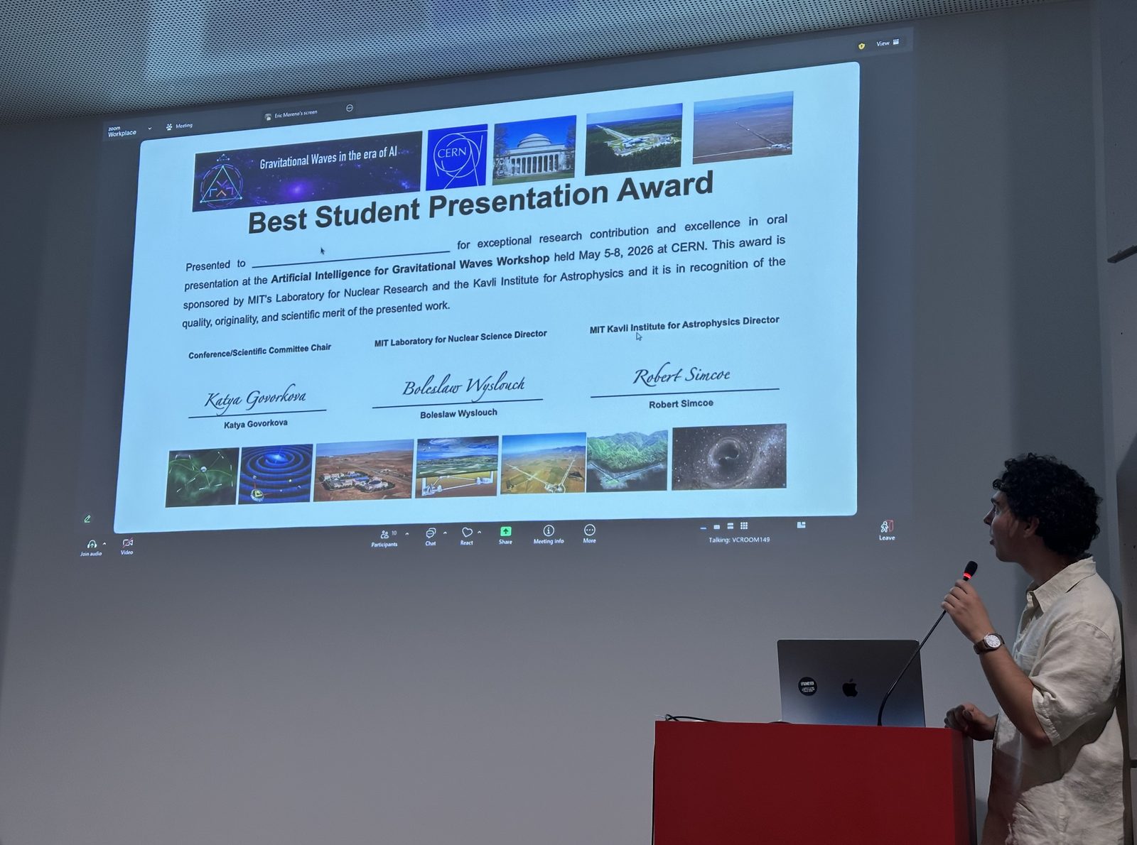 The Best Student Presentation Award certificate for the Gravitational Waves in the era of AI meeting at CERN, signed by the organizing committee