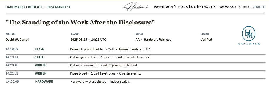 Handmark certificate showing a detailed work effort ledger
