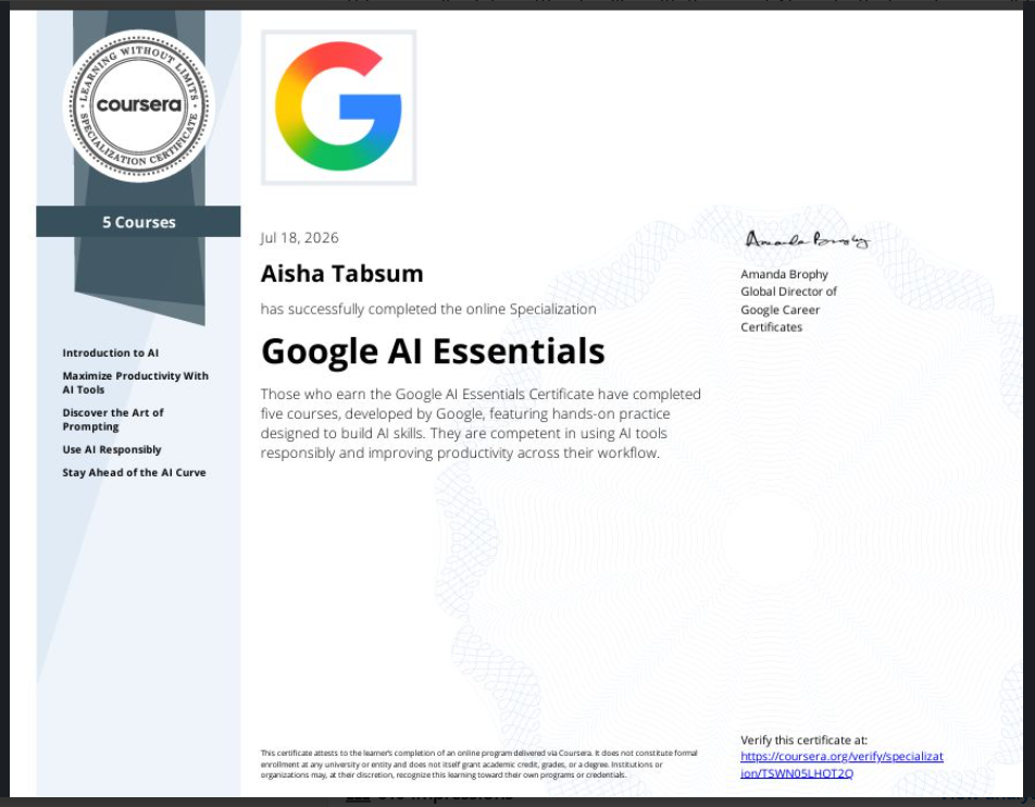 Google AI Essentials certificate for Aisha Tabsum