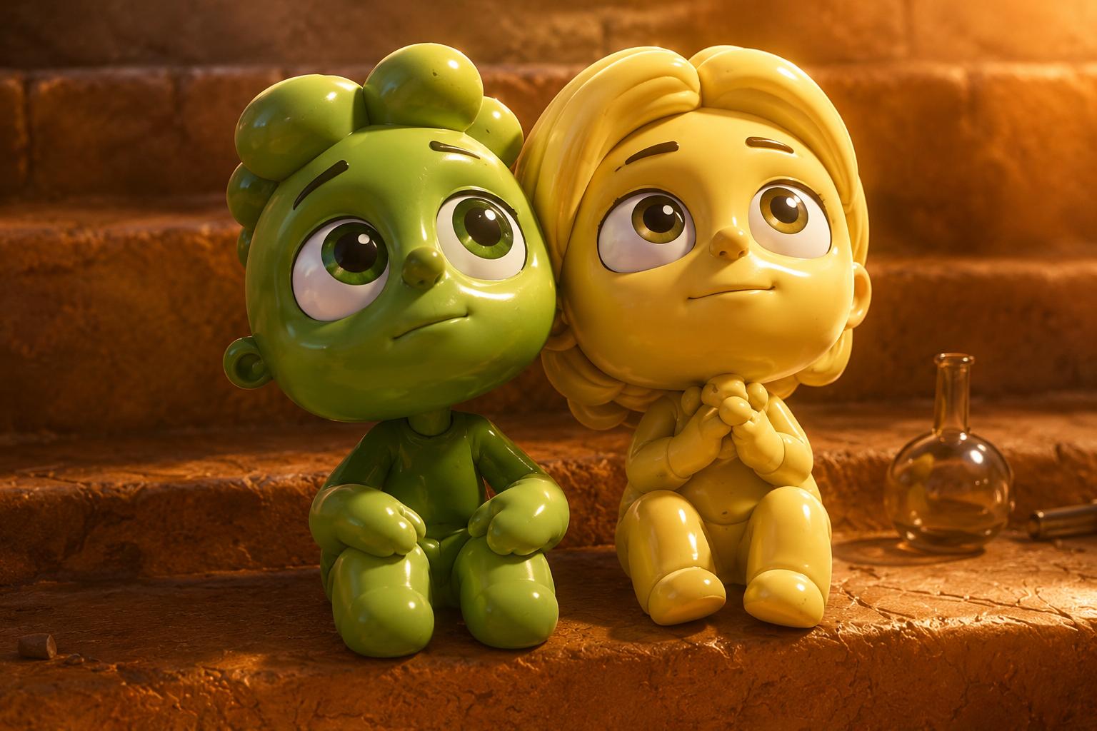 Green and yellow Balloonites characters sitting together