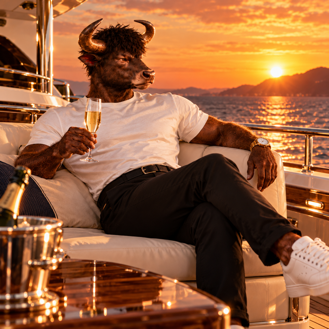 BULLCHI relaxing with champagne aboard a yacht at golden sunset