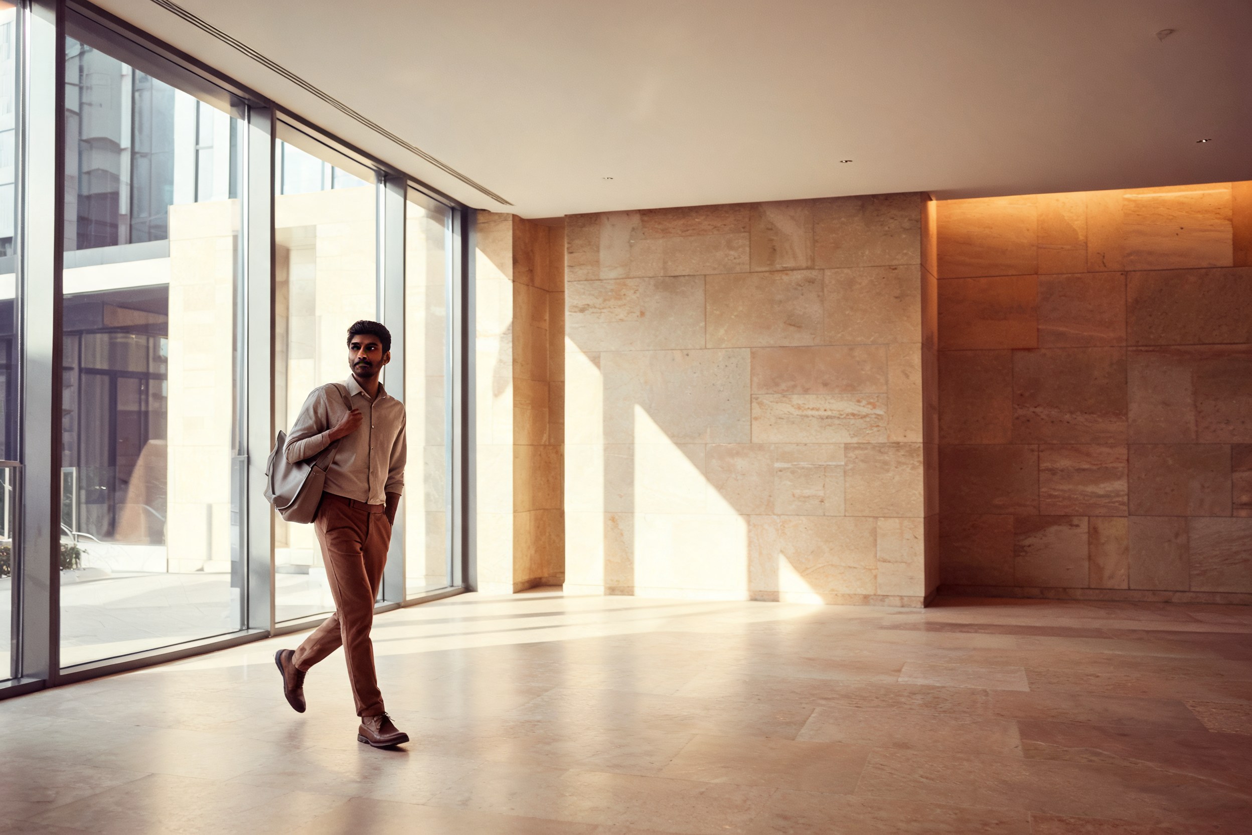A professional walking through a sunlit stone office lobby with a bag