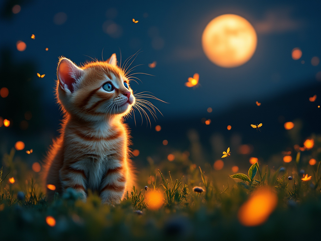 Charlie the cat sitting in moonlit grass surrounded by magical fireflies