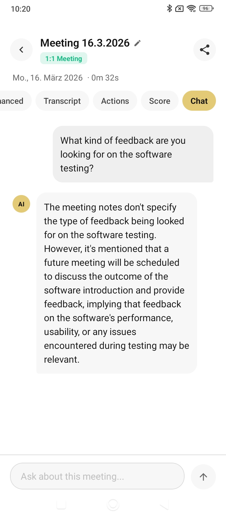 Cerbite Chat screen showing a user asking What kind of feedback are you looking for on the software testing with AI providing a detailed contextual response about future meeting scheduling