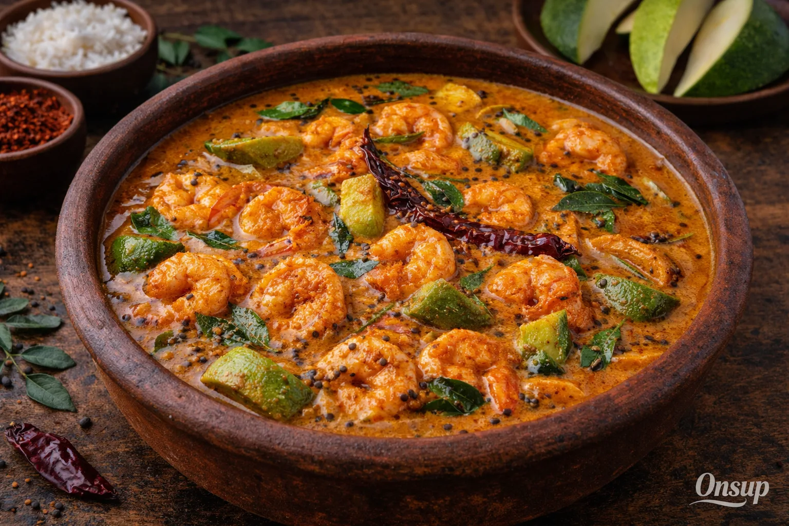 Kerala prawn curry with raw mango and coconut milk in a clay bowl