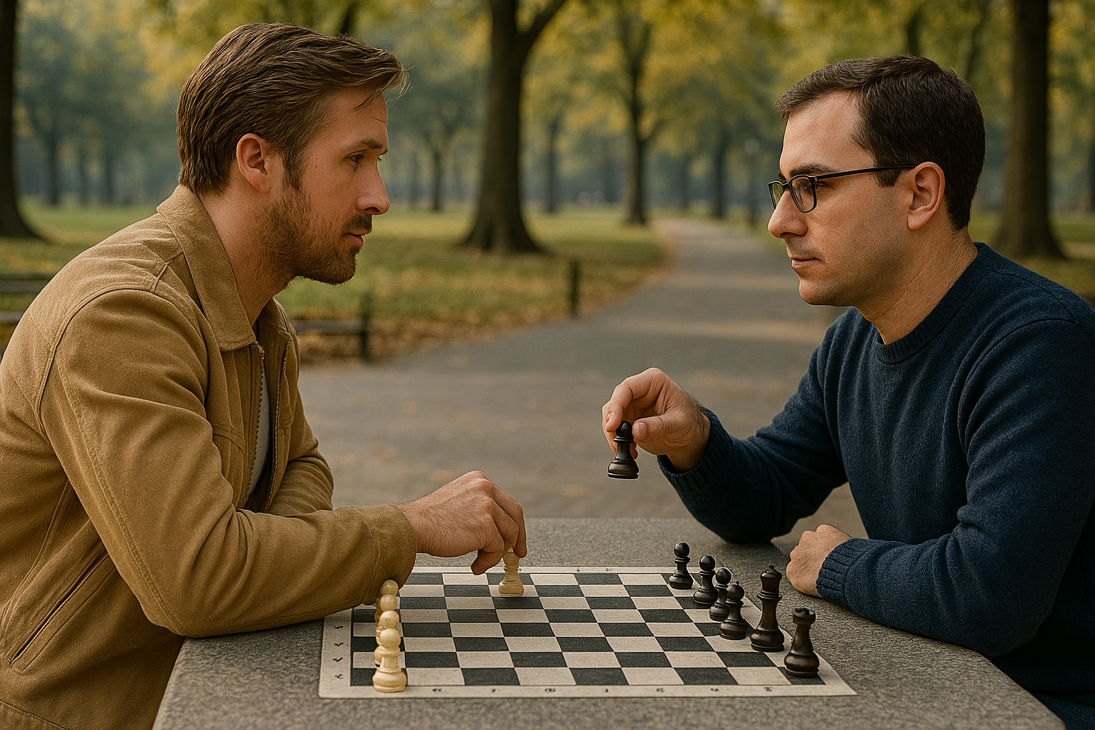 Man playing chess with Ryan Gosling in a park