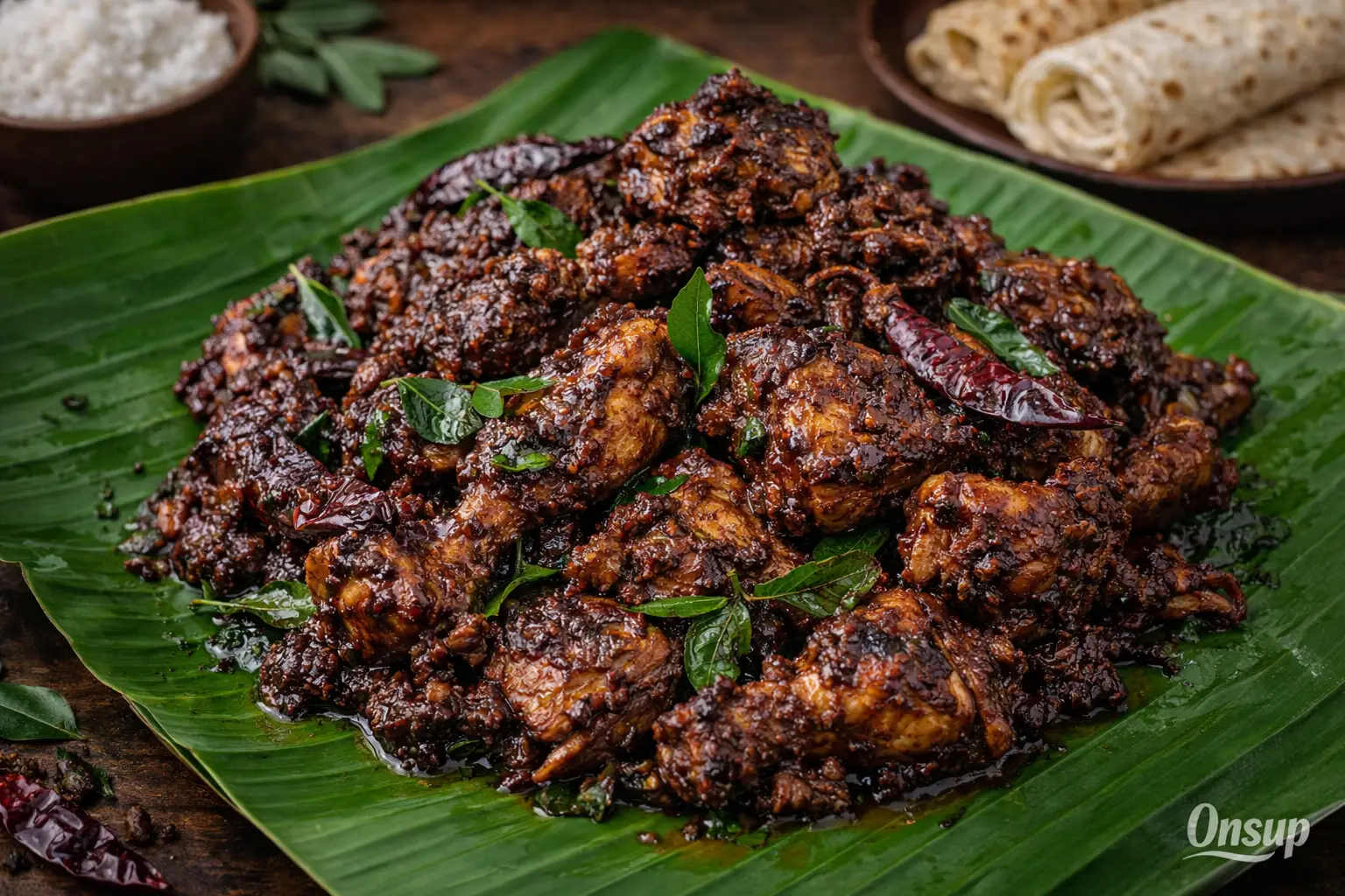 Kerala style chicken roast – dark caramelised dry masala chicken on banana leaf