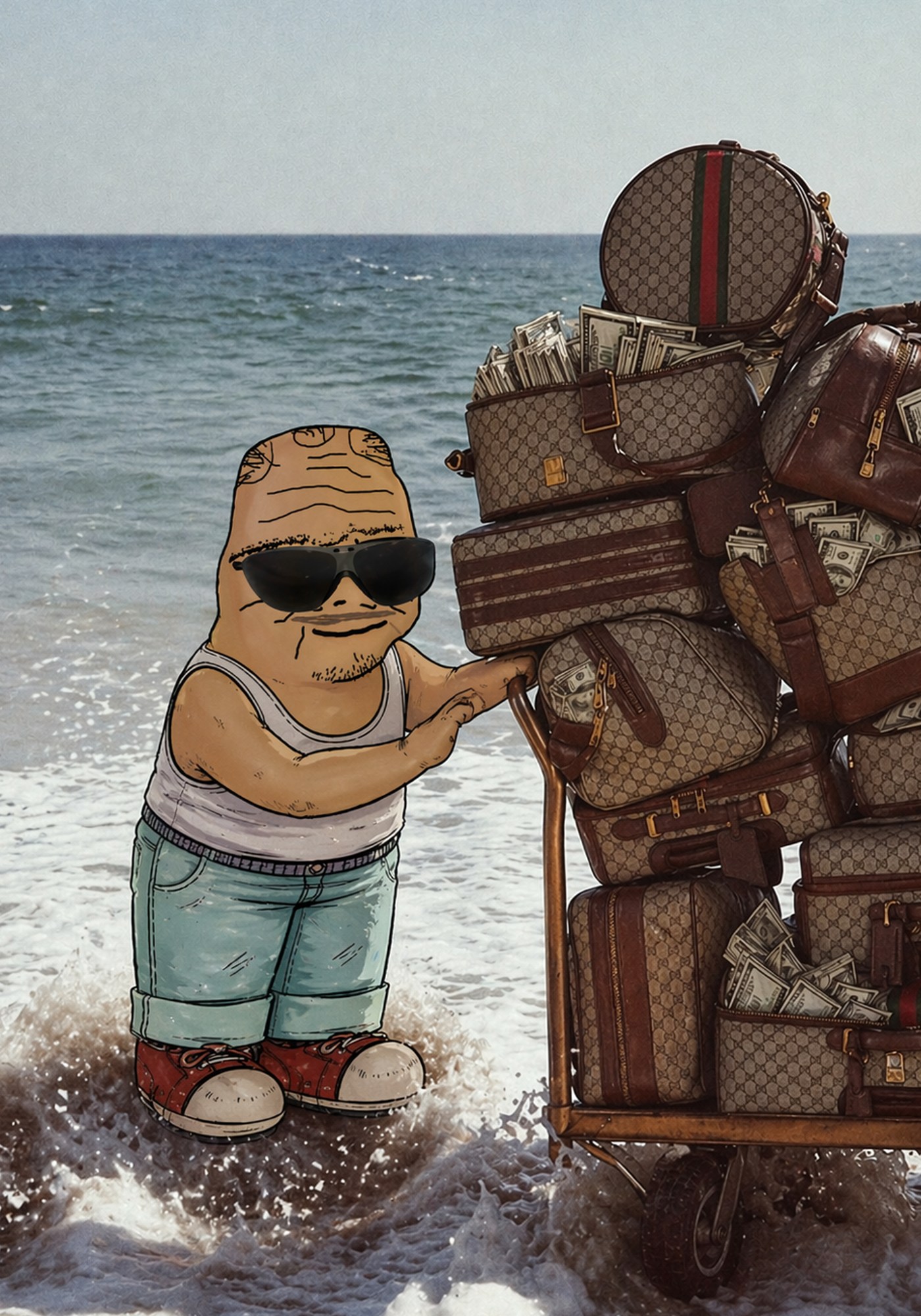 UNCGUY on beach with Gucci bags full of cash
