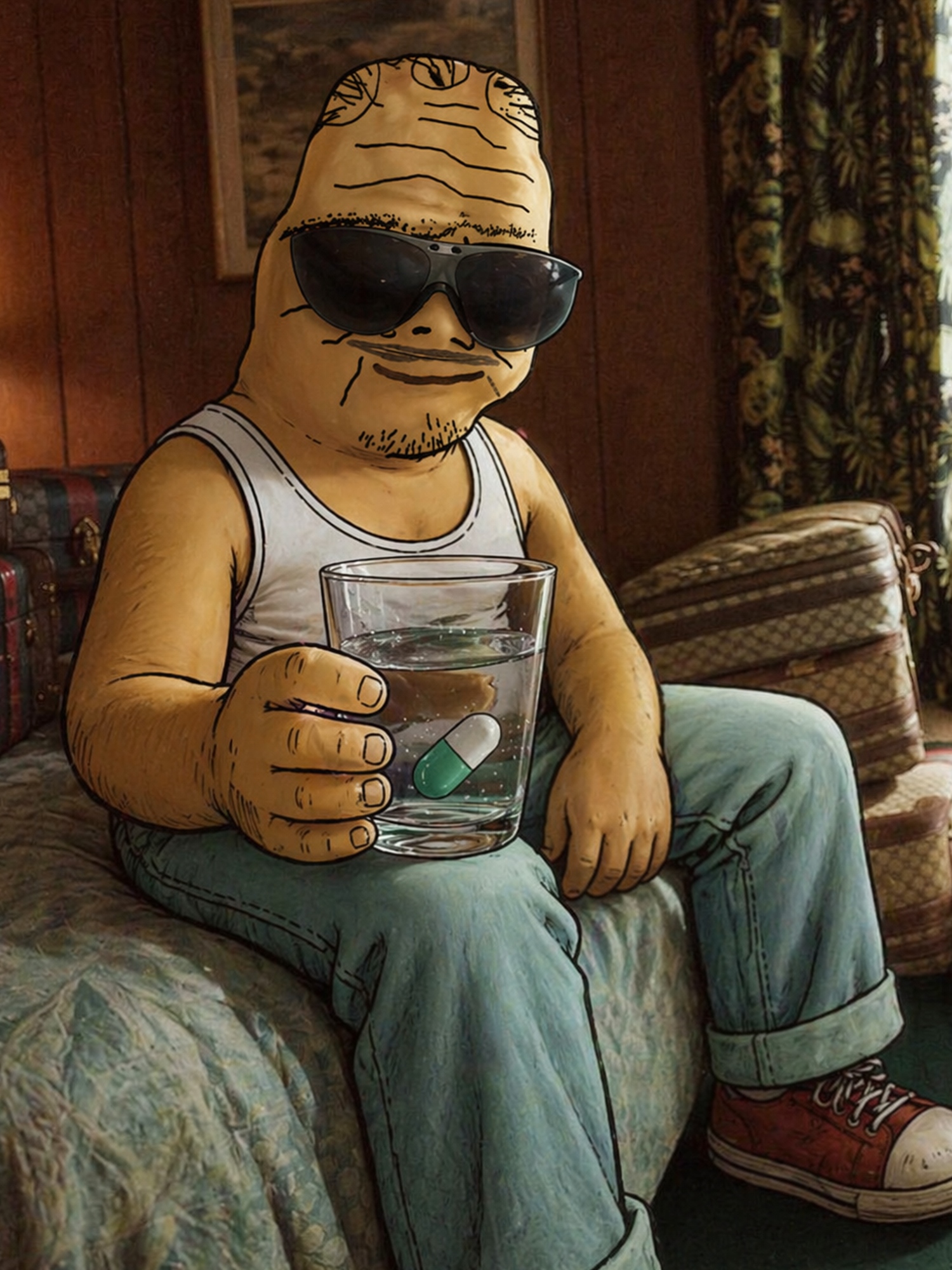 UNCGUY holding pill glass in motel