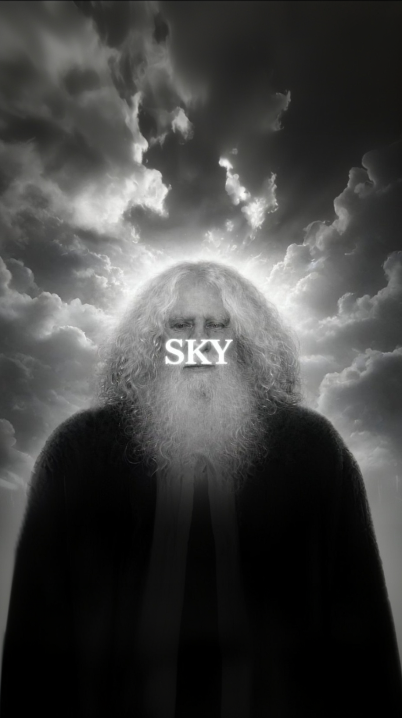 Mystical figure looking up at the sky with clouds and divine light