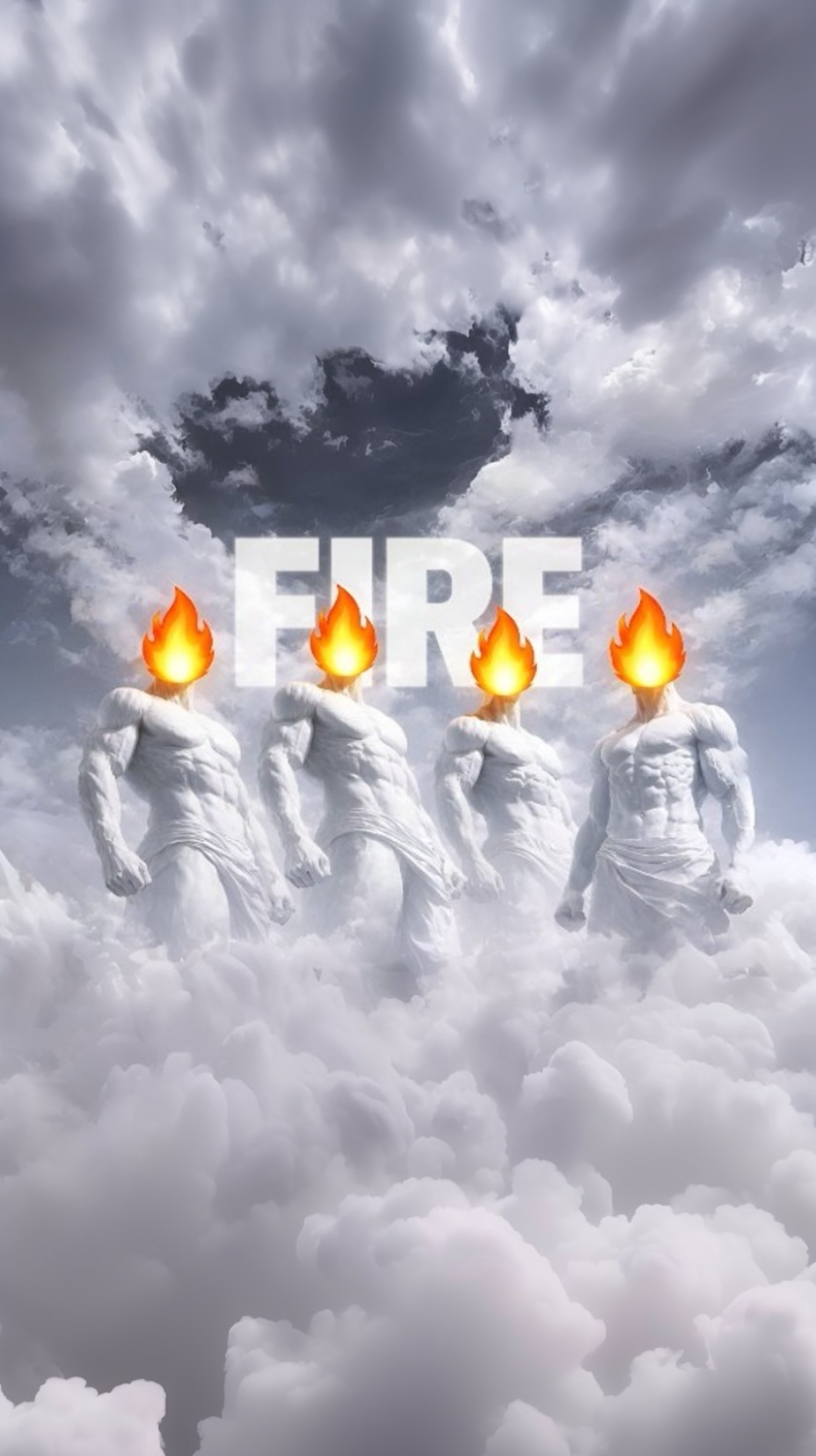 White marble statues with fire emoji heads in the clouds