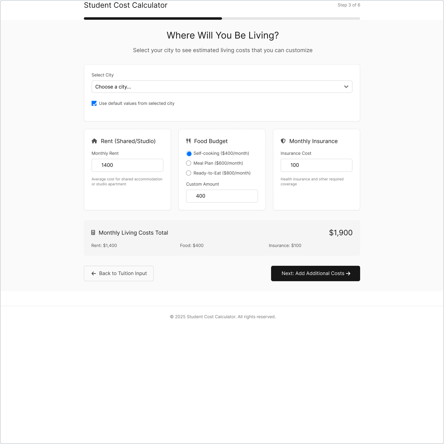 City selection and living costs customization screen