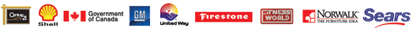 Client logos including Century 21, Shell, Government of Canada, GM, United Way, Firestone, Fitness World, Norwalk, and Sears