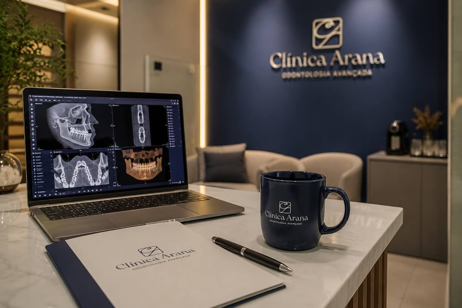 Mesa com laptop exibindo tomografia dental, caneca e pasta da Clínica Arana