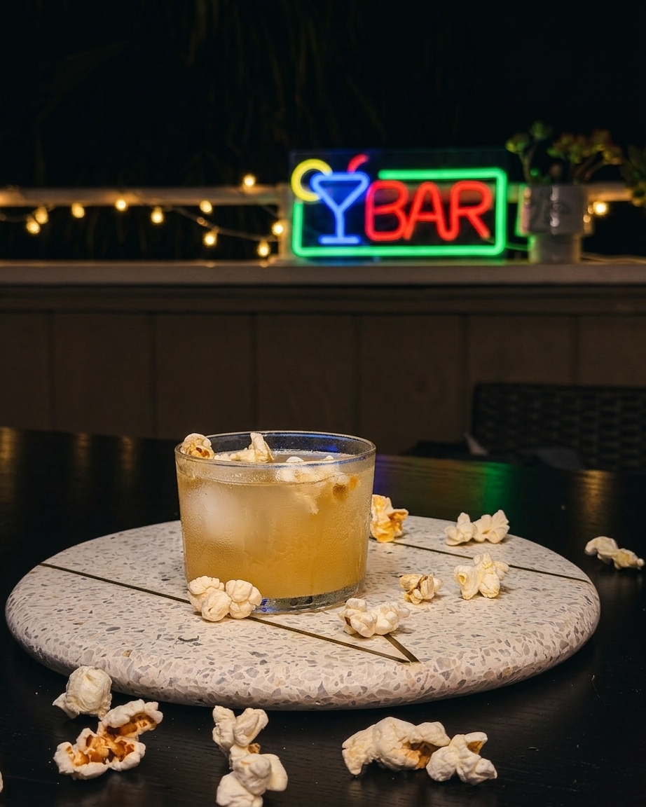 Golden cocktail with popcorn and neon bar sign