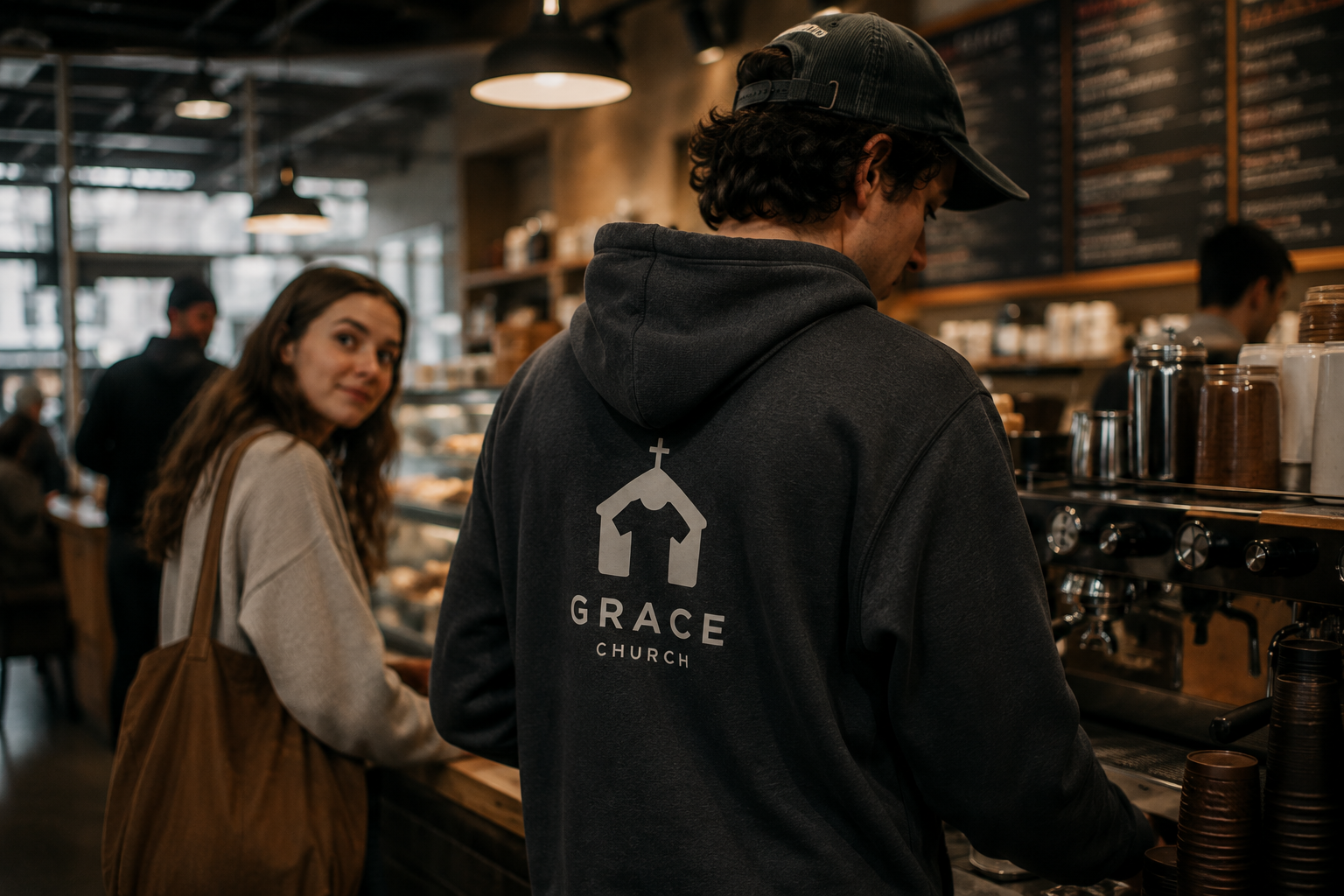 Man wearing a Grace Church hoodie at a coffee shop counter