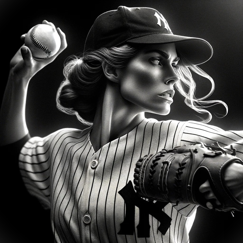 Modern female baseball player in Yankees uniform, dramatic black and white portrait showing strength and determination