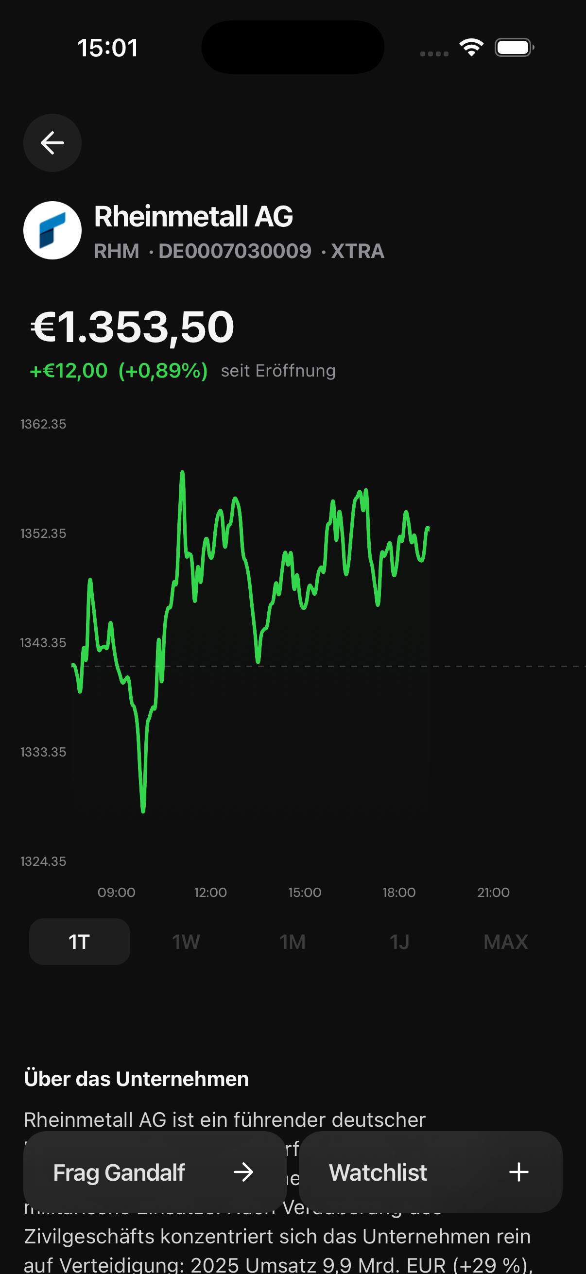 VinciFi company deep-dive showing Rheinmetall AG with stock chart, company overview, and AI assistant