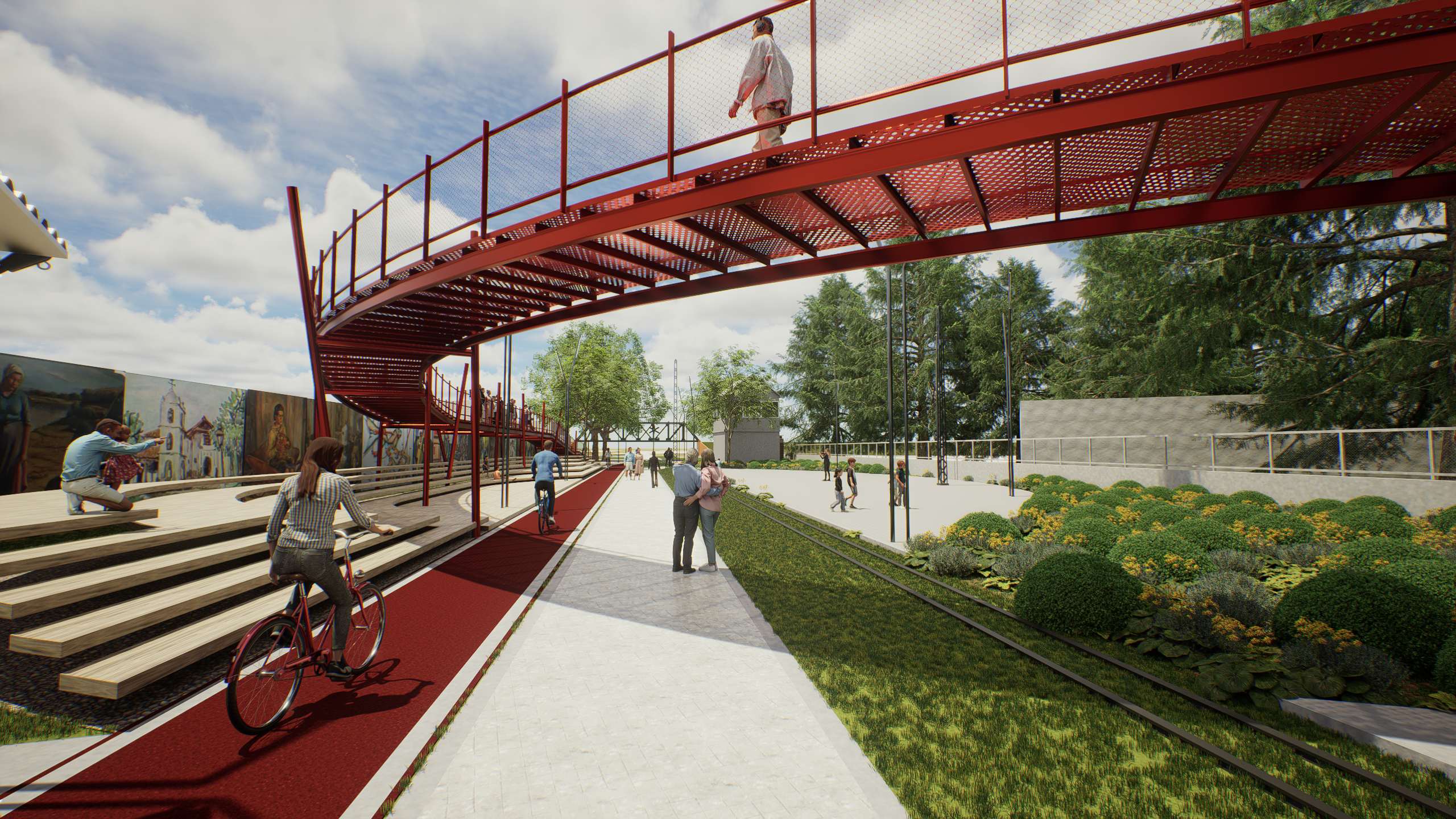 Render de proyecto urbano con puente peatonal y espacios públicos