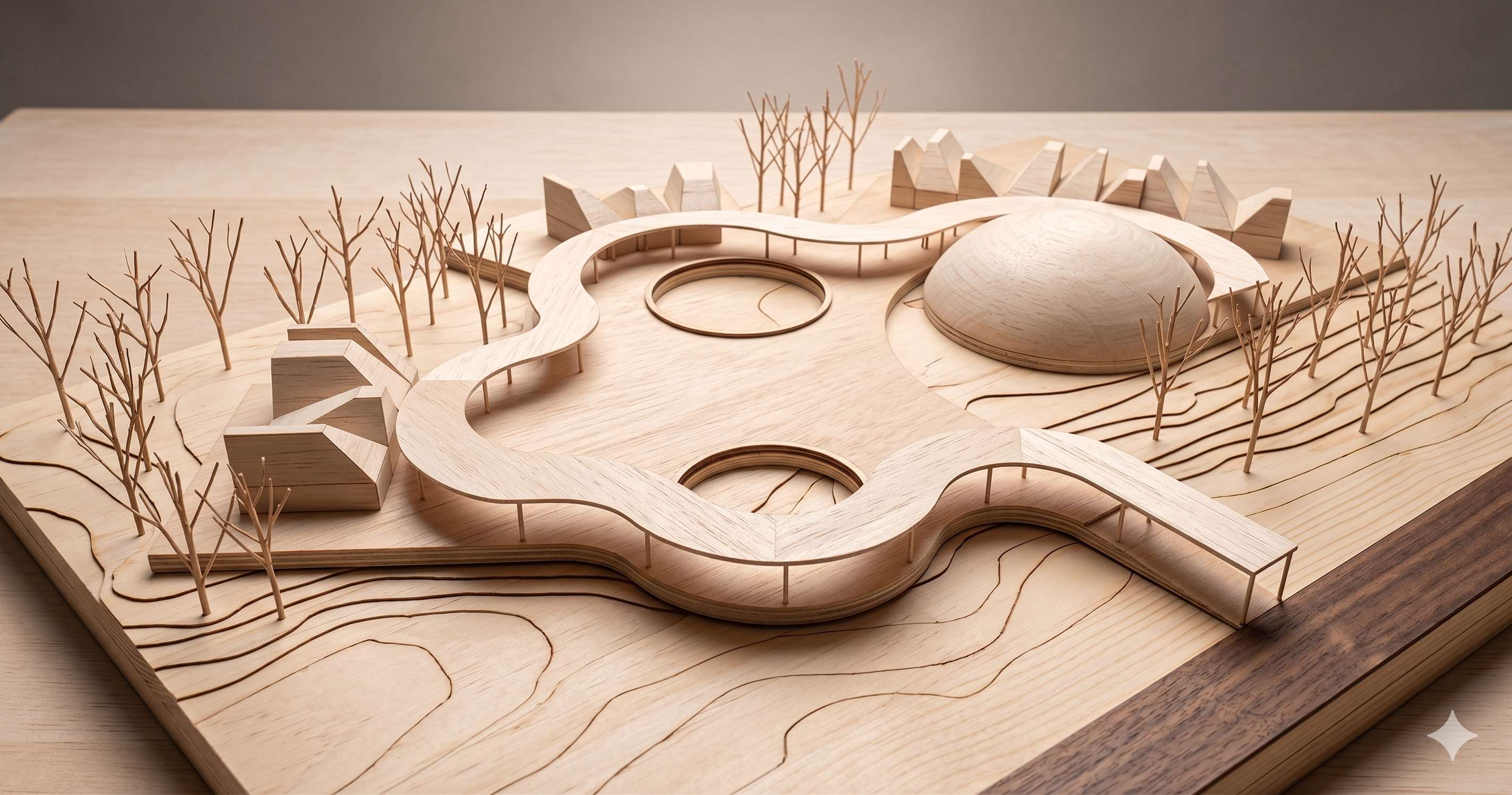 Maqueta arquitectónica en madera con formas orgánicas y curvas