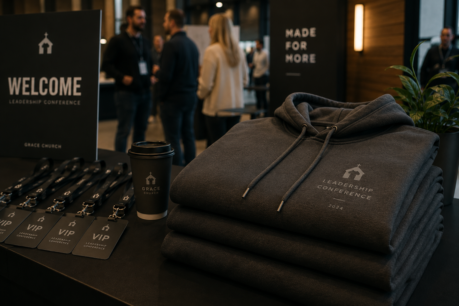 Branded hoodies, lanyards, and welcome signage at a church leadership conference