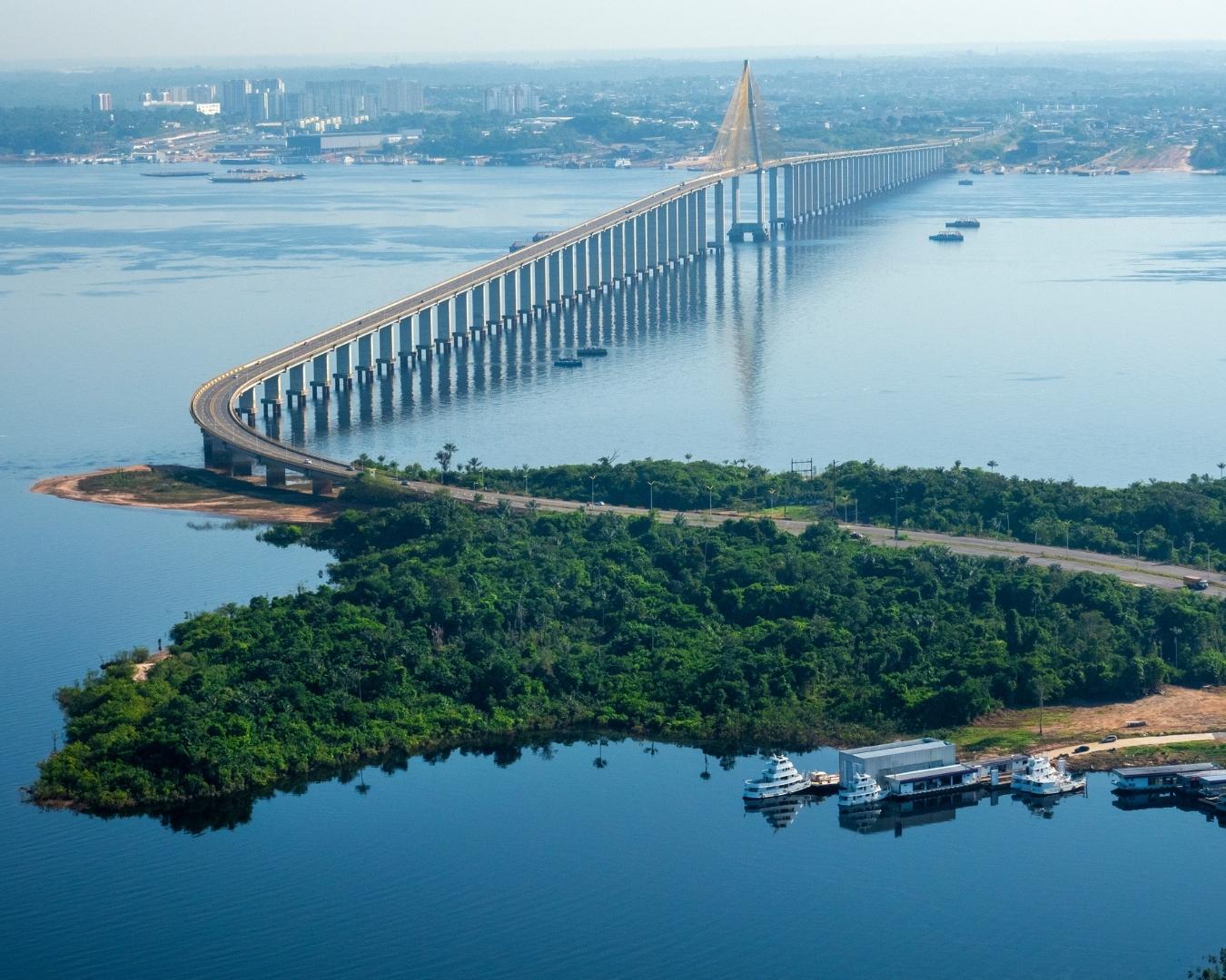 Aerial view of the Rio Negro bridge crossing the river in Manaus