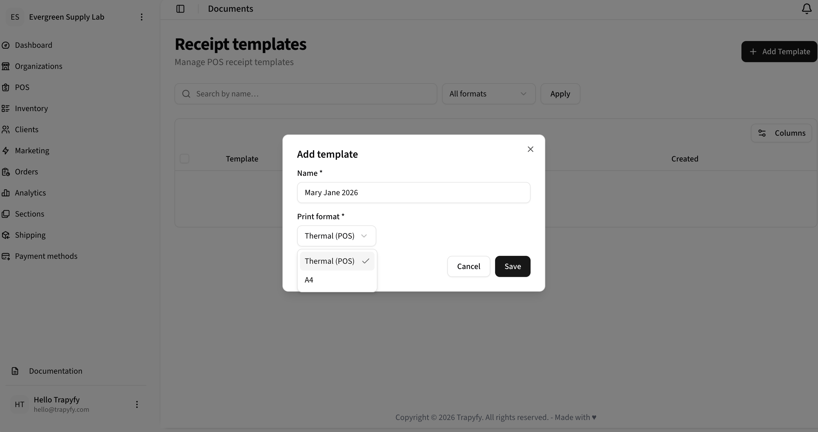 Add template modal showing Name field with Mary Jane 2026, Print format dropdown with Thermal POS and A4 options