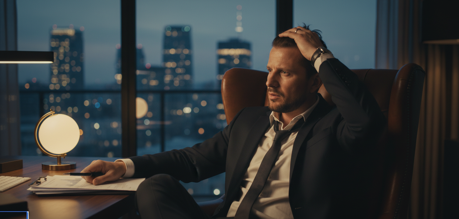 Man achter bureau, overbelast en gestrest