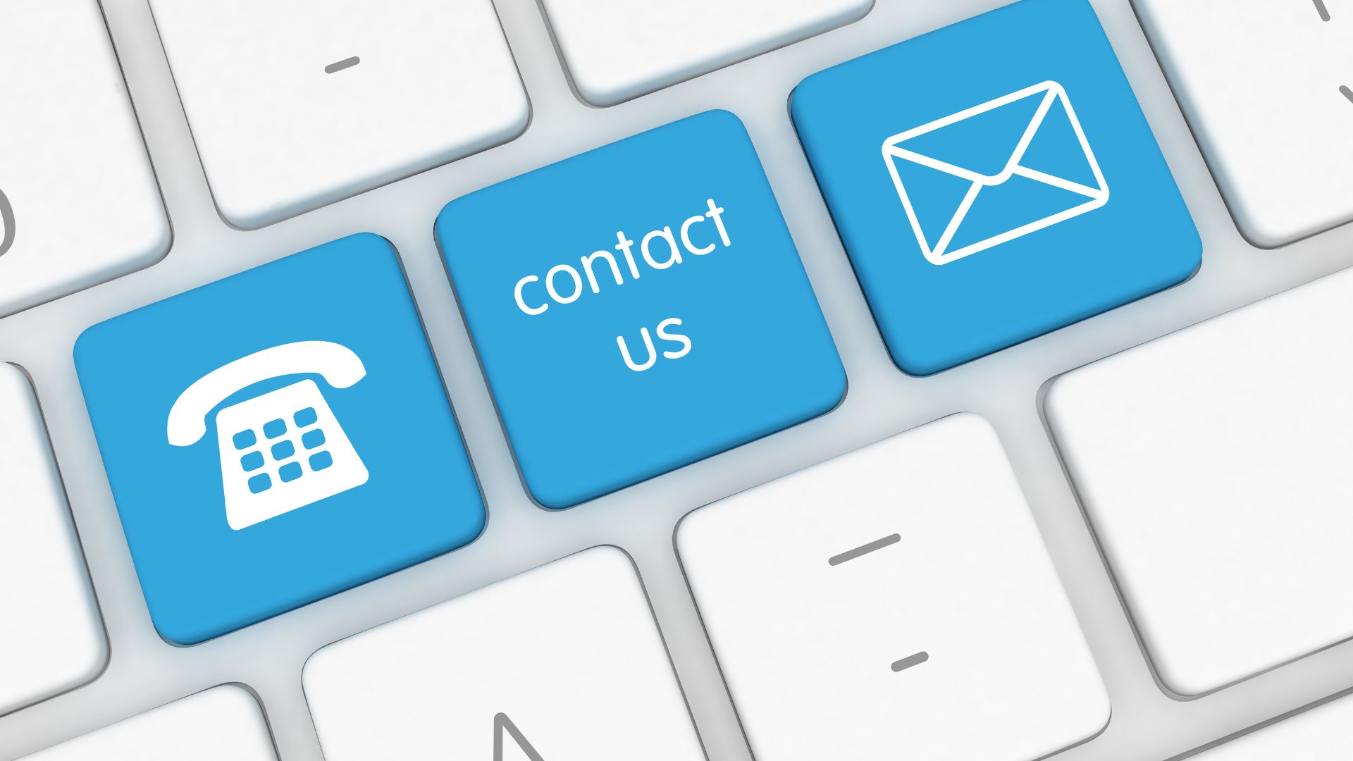 Blue keyboard keys for contact by phone, text, or email