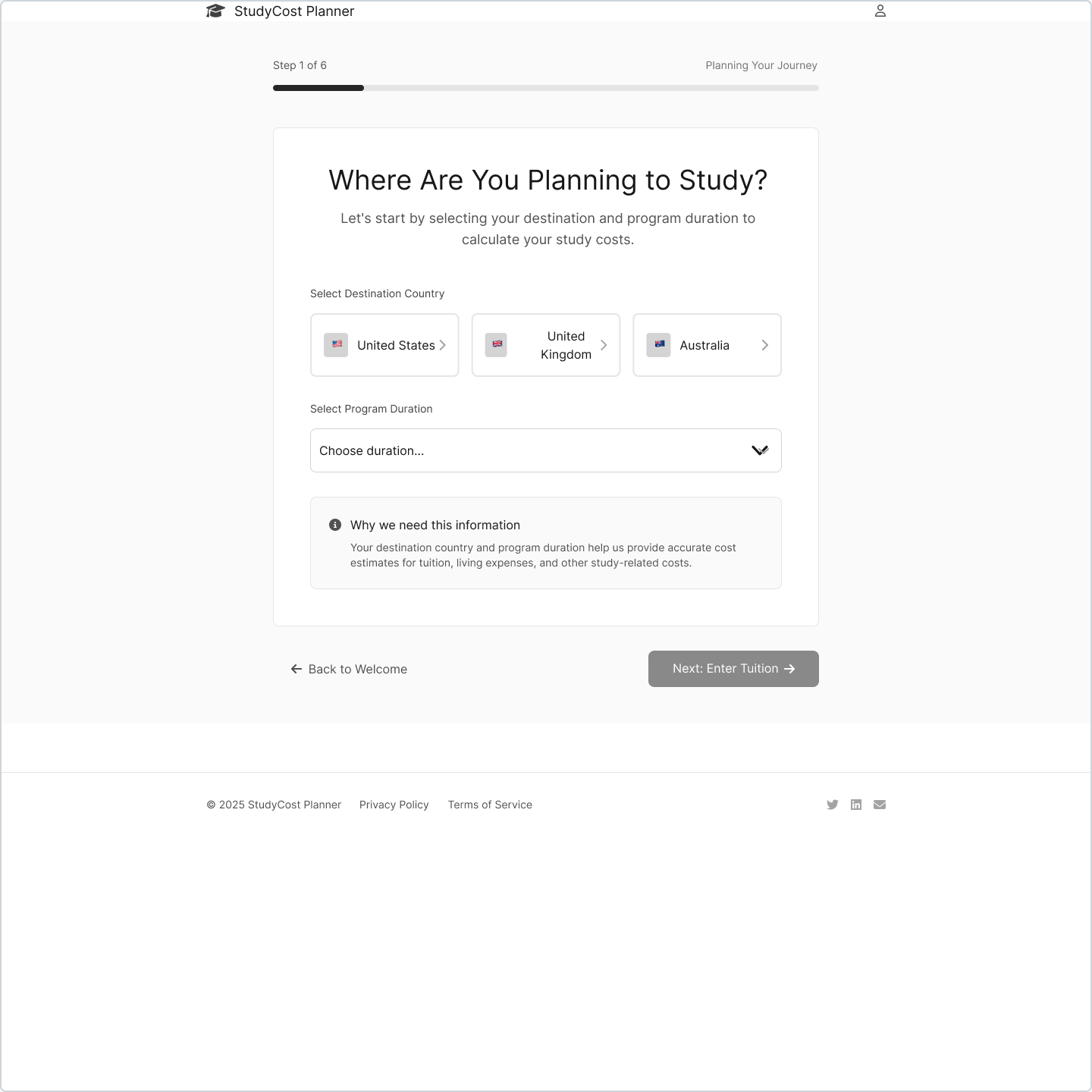 CostMyDegree user flow showing country and program selection