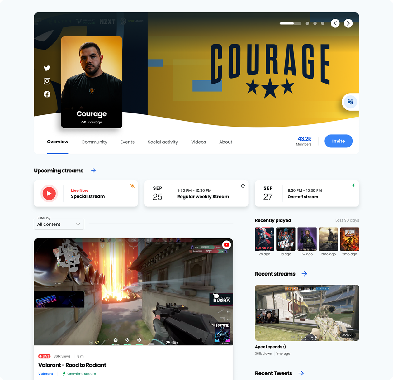 Courage creator profile overview with banner, upcoming streams, live content, and recent activity