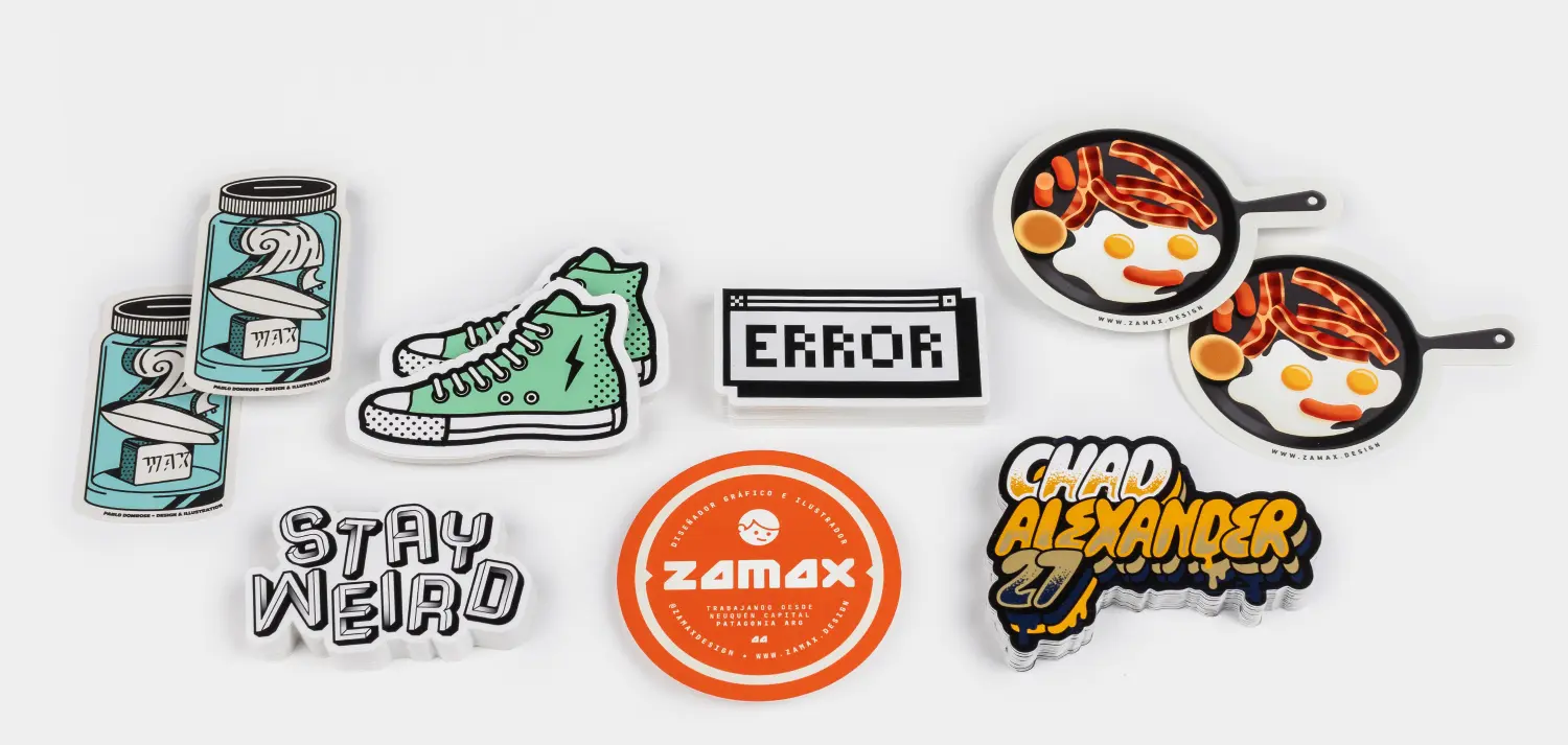 Assorted custom die-cut stickers on white background — shoe, error window, breakfast, and artistic designs