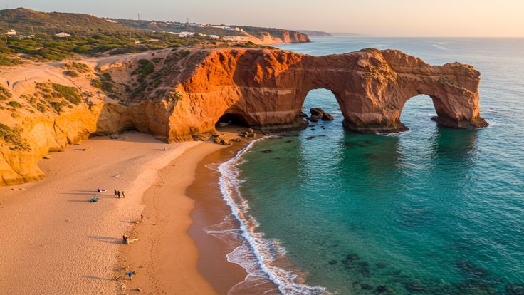 Natural stone arches on Essaouira beach with turquoise Atlantic water