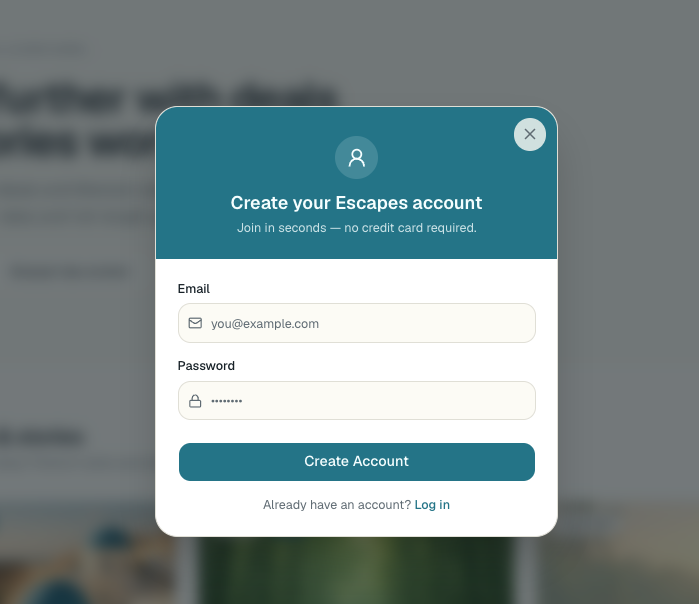 Create account modal with email and password fields and a Create Account button.