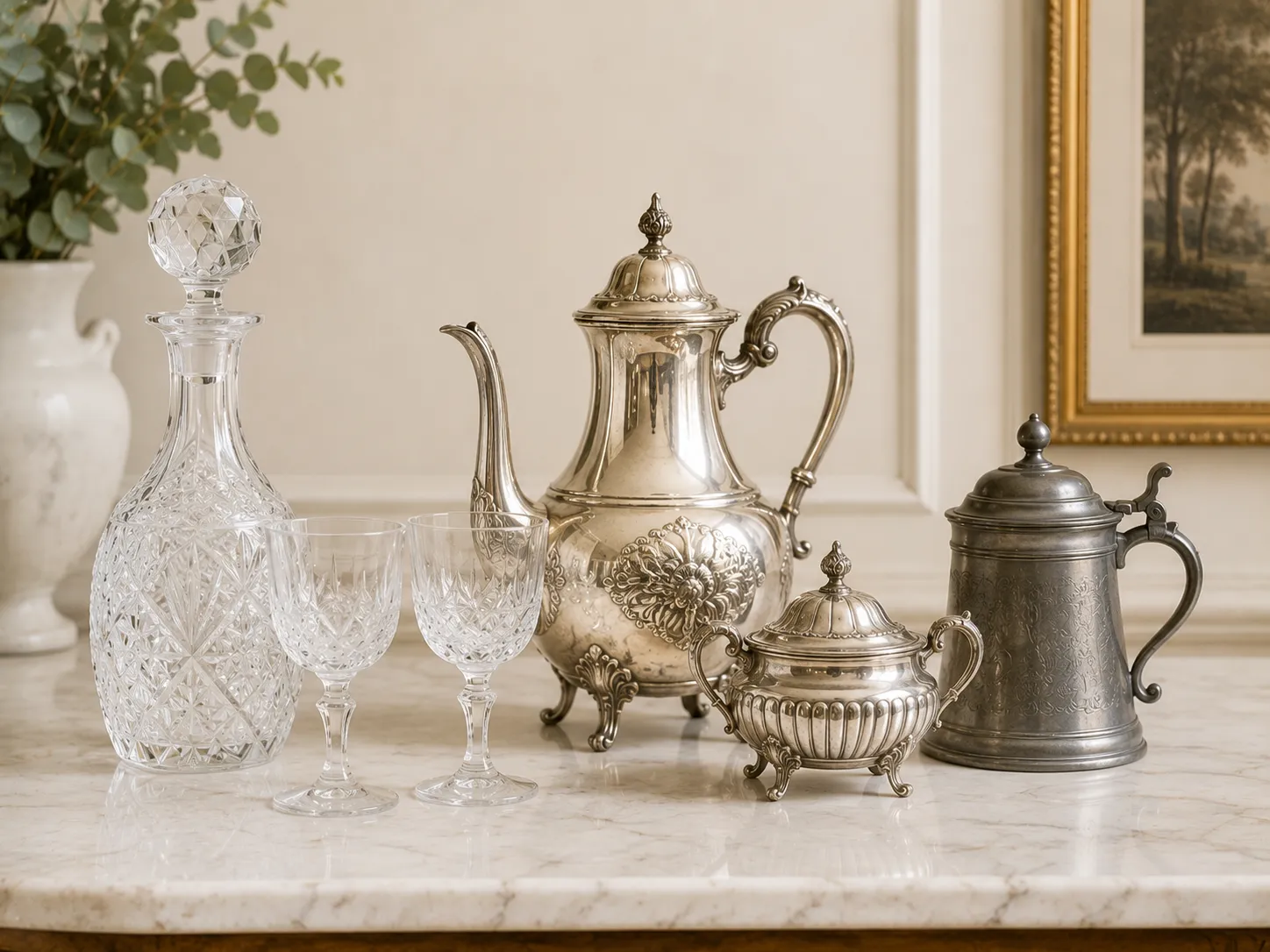 Service ancien en argenterie et cristal posé sur un marbre