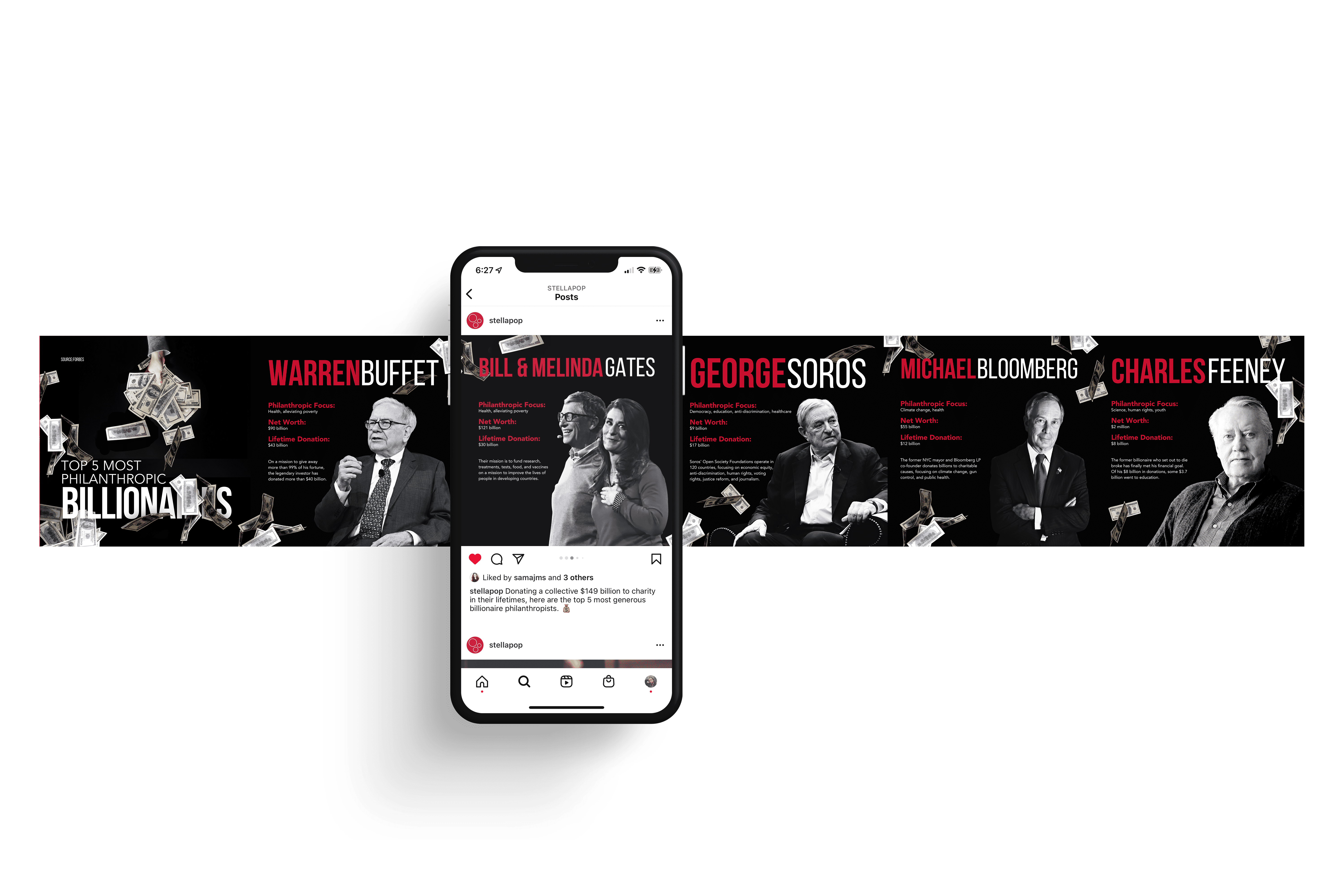 Top 5 Most Philanthropic Billionaires Instagram carousel with phone mockup showing Bill and Melinda Gates slide on dark background