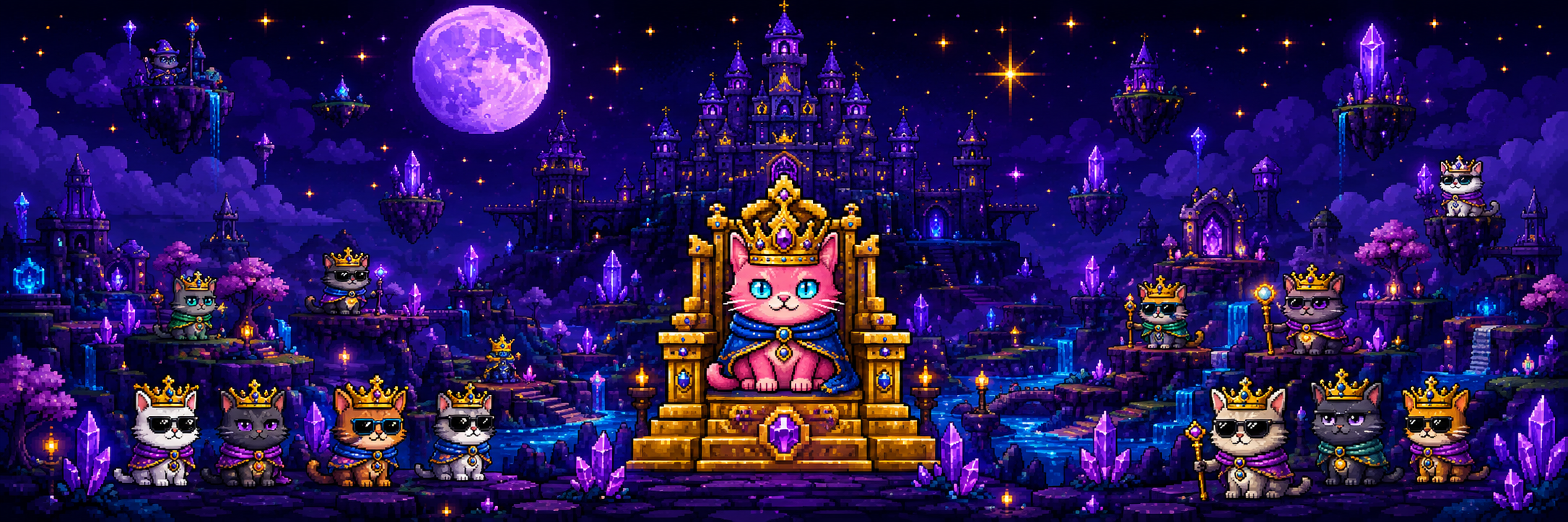 Pixel art CrownCats gathered around a royal throne in a glowing fantasy kingdom