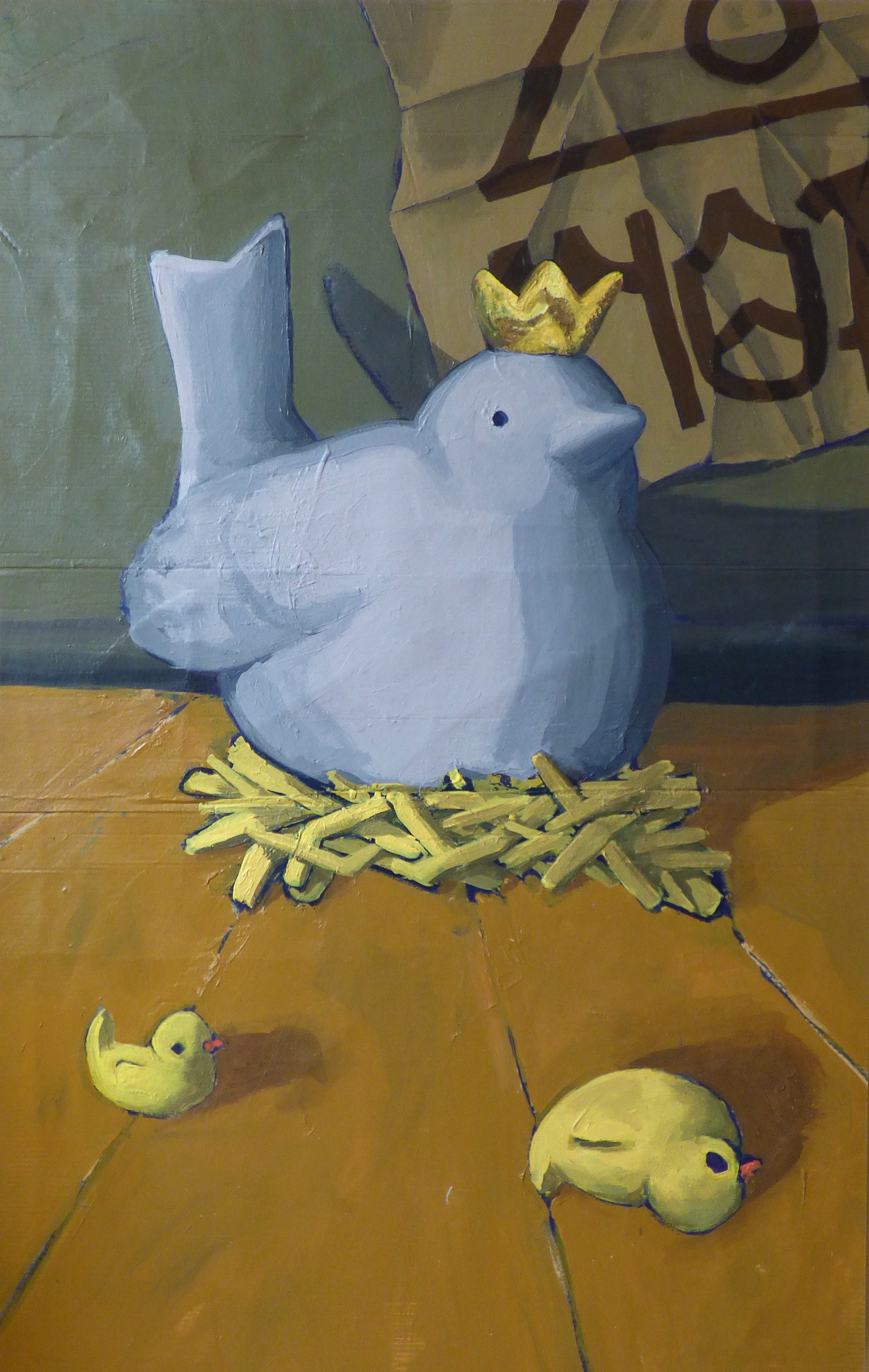 Gemälde eines weißen Vogels mit goldener Krone in einem Nest