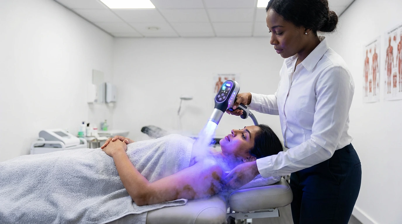 Healthcare provider administering cryotherapy treatment to patient using advanced cold therapy device