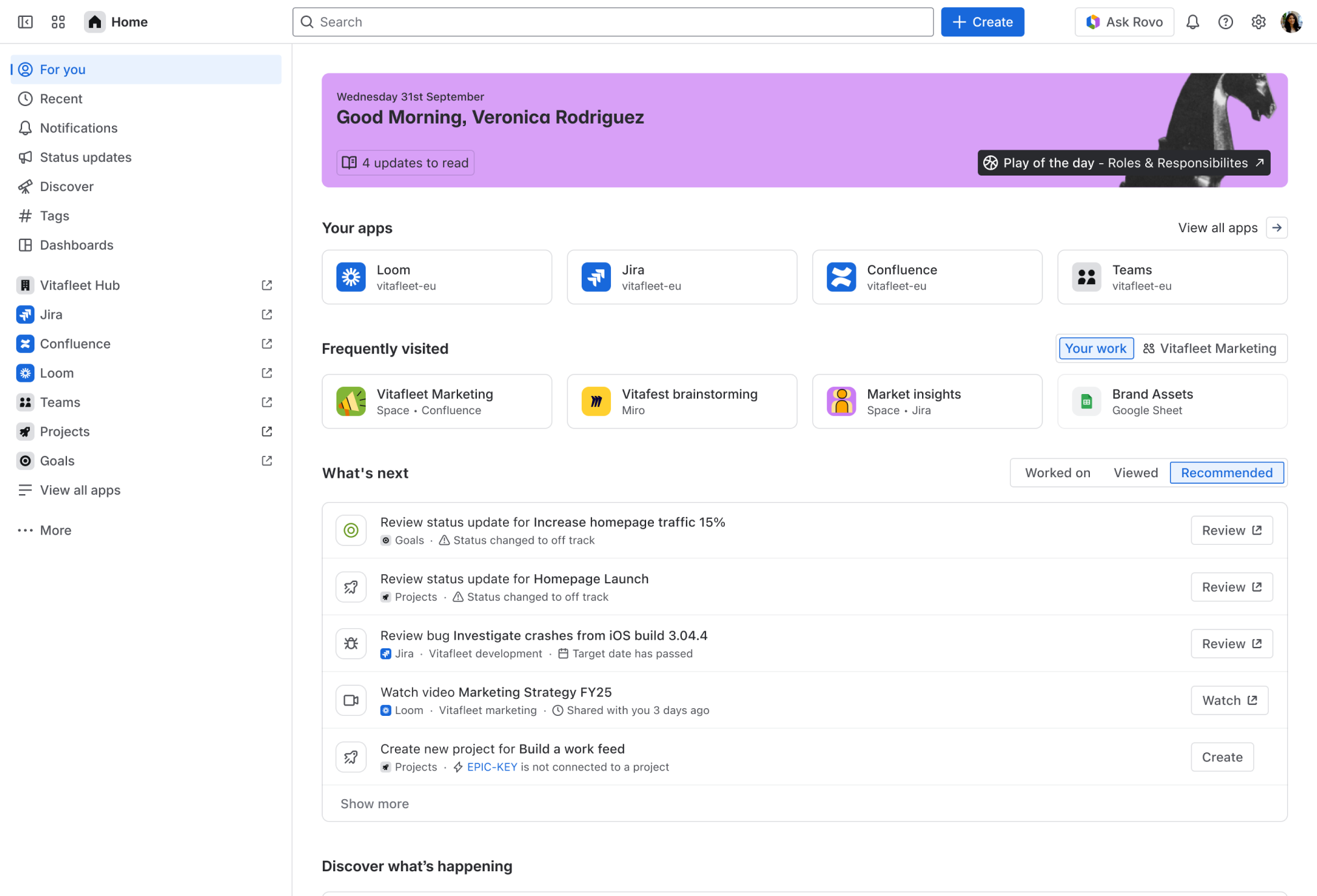 What’s Next work feed on Atlassian Home: the For you page with a personalised greeting, your apps, frequently visited spaces and a What’s next list of suggested work.