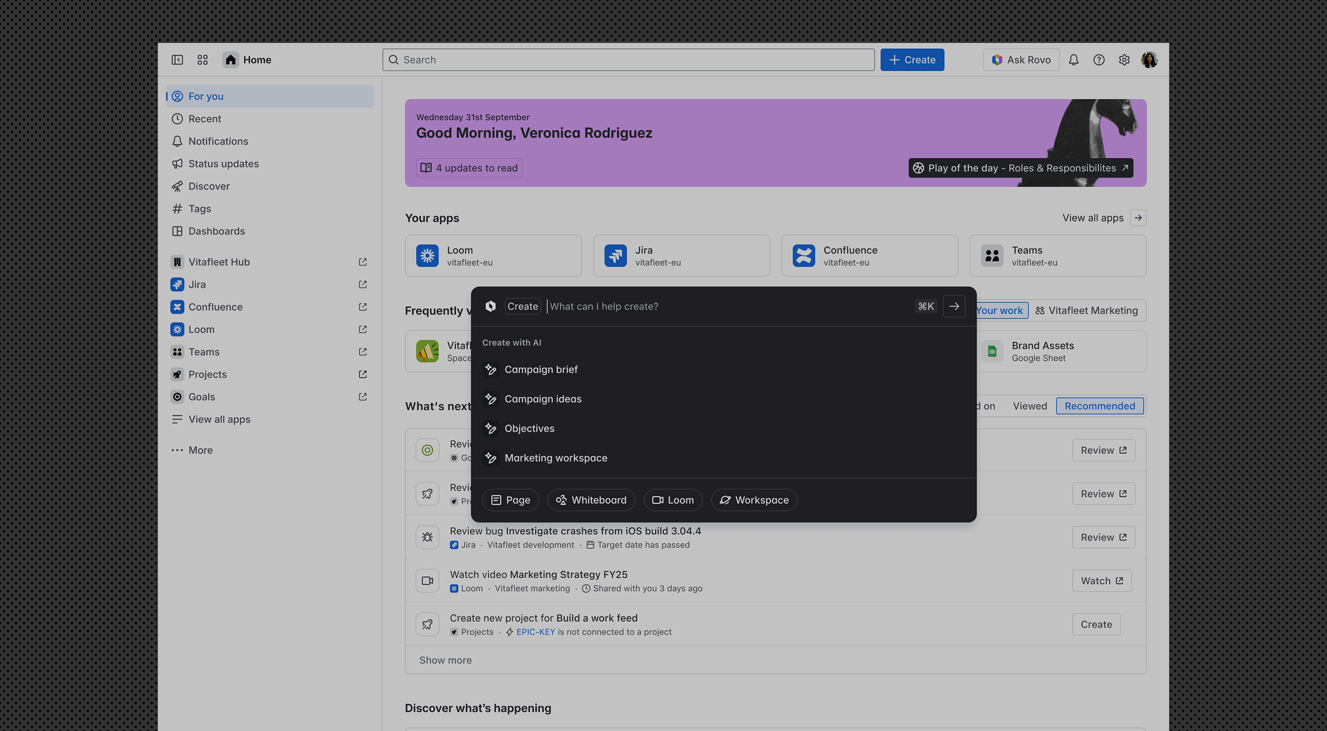 Universal Create: a Rovo command palette open over Atlassian Home, offering Create with AI suggestions and quick actions for Page, Whiteboard, Loom and Workspace.