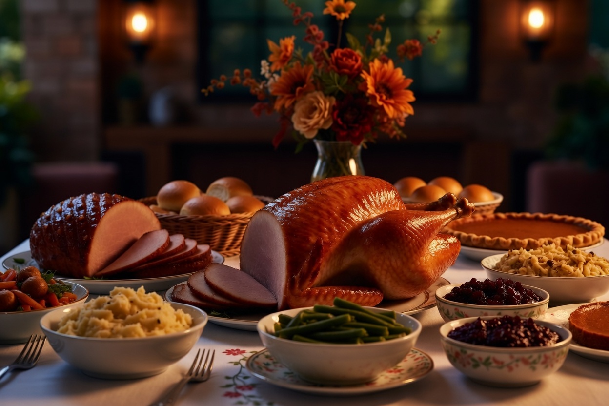 Traditional American Thanksgiving dinner with turkey - celebrating American family values and gratitude