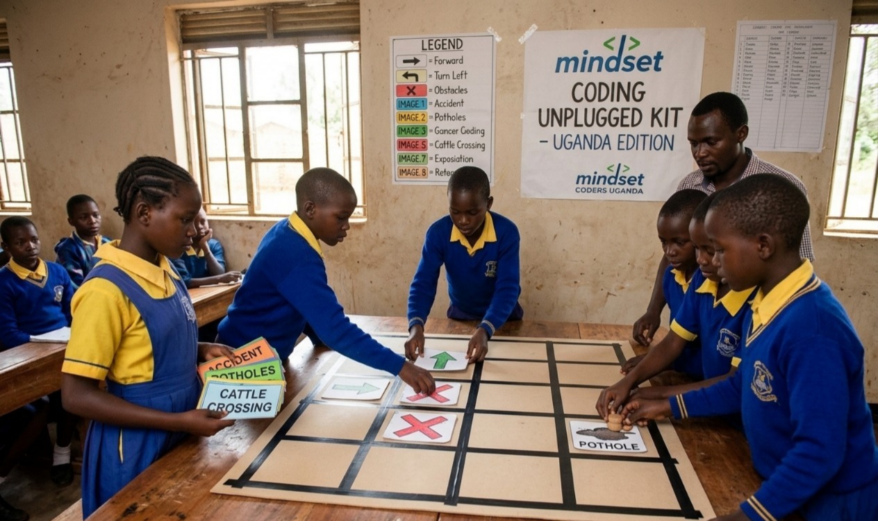 Ugandan students working on Coding Unplugged activity in classroom with grid mat and problem-solving cards